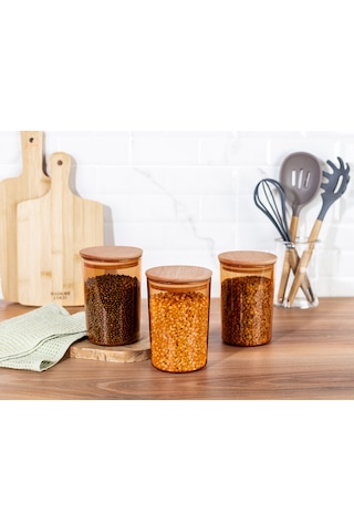 Madame Coco Yuviera 900ml Ahşap Kapaklı Saklama Kabı 3'lü 1ksakl0426900ml-amber