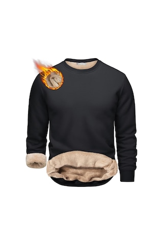 Ghassy Co. Erkek Ultra Termal Sherpa Peluş Astarlı Bisiklet Yaka Sweatshirt Siyah