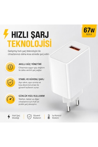 67w Hızlı Şarj Adaptörü Usb Çıkışlı Kablo Dahil Type-c Uyumlu Hızlı Şarj Cihazı Güvenli Şarj Başlığı Beyaz
