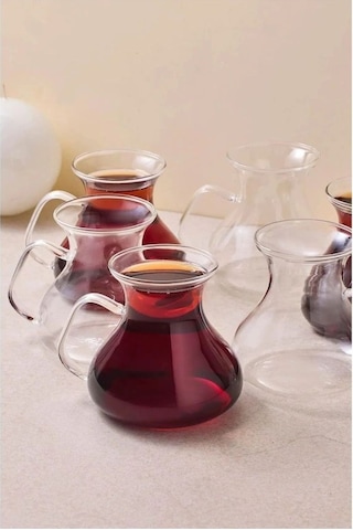 Ehl-i Keyf 6 Lı Borosilikat Cam Çay Bardağı Seti Kulplu Çay Takımı 200 Ml Şeffaf