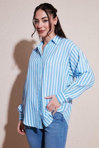 Fashion Friends Pamuklu Çizgili Oversize Uzun Kollu Gömlek Gömlek 26y0670k1 Mavi