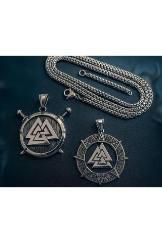 Viking Kolye Seti 2'li Valknut Sembollü Paslanmaz Çelik Erkek Kolye Gümüş