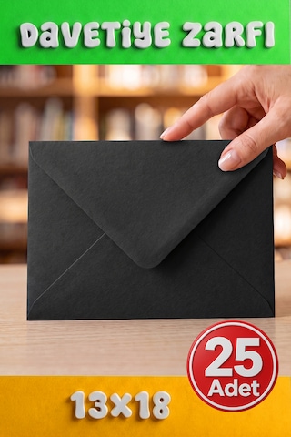 25 Adet 13x18 Cm Premium Kalite Davetiye Zarfı Siyah