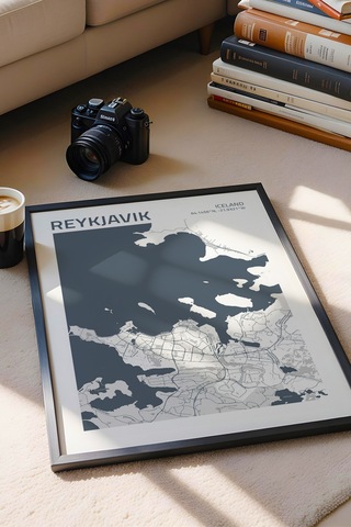 Reykjavik İzlanda Iceland Haritası Çerçeveli Tablo Ofis Salon Duvar Dekorasyonu Hediyelik Tablo