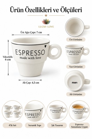 4 Lü Espresso Fincanı Seti Beyaz Seramik Made With Love Tasarımlı Kahve Fincanı