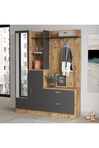 Yurudesign Wisdom Vestiyer Ayakkabılık Portmanto Aynalı Raf Çam-A