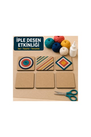Arliadesign Çukurova Ahşap Lazer Kendin Yap 6 Lı Kare Bardak Altlığı Seti Standlı 12x12 Cm Ham Mdf