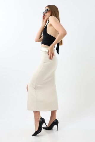 Winmoda34 Kadın Uzun Kemerli 92cm Maxi Boy Yırtmaçlı Süet Etek Ekru