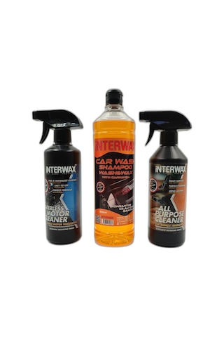 İnterwax 3'lü Set Susuz Motor Temizleyici 500 Ml + Çok Amaçlı Döşeme Temizleyici 500 Ml + Cilalı Oto Şampuanı 1000 Ml.