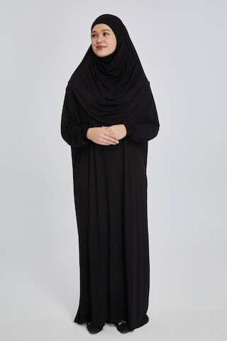 Pratik Başörtülü Rahat Giyilebilen Organik Tek Parça Namaz Elbisesi Siyah