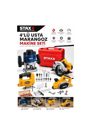 Staxx Mrz4us 4'lü Ahşap İşleme Marangöz Makine Seti Freze + Daire Testere + Dekupaj + Planya Mak