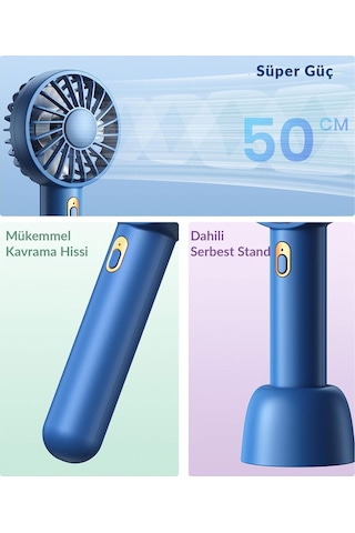 Warmco K30 Taşınabilir Şarjlı Mini El Vantilatörü 1800mah 3 Kademeli Standlı Soğutucu Fan Lacivert