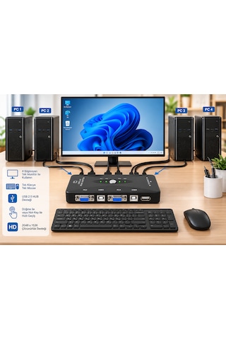 4 Port Usb Kvm Switch 4 Pc Tek Monitör Klavye Mouse Paylaştırıcı Vga Bağlantılı Usb 2.0 Bilgisayar Kontrol Cihazı