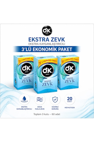 Okey Ekstra Zevk 20 Extra Kayganlaştırıcılı Prezervatif 20 Li 3 Kutu 60 Adet