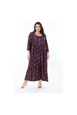 Kadın Büyük Beden Mürdüm Belden Büzgülü Kare Yaka Kapri Kollu Elbise 65n38247-mürdüm Mürdüm