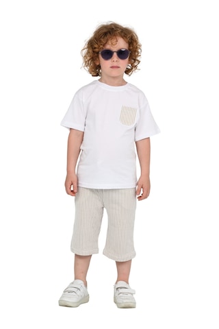 Erdem Kıds Erkek Çocuk Basic T-shirt Şort Çizgili Kaprili Yazlık 2'li Takım Bej Bej