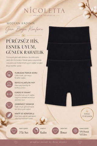 Nicoletta Kadın Paçalı Külot Pamuklu Şort Boxer 3 Lü Paket Siyah