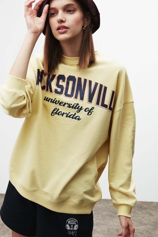 ETHIQUET RAMONA Kadın Oversize Yumuşacık İçi Polarlı Organik Pamuklu Baskılı Yuvarlak Yakalı Sarı Sweatshirt