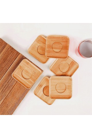 6 Lı Bambu Kare Çay Tabağı Seti 10x10 Cm Doğal Ahşap Görünümlü Servis Tabakları Ahşap