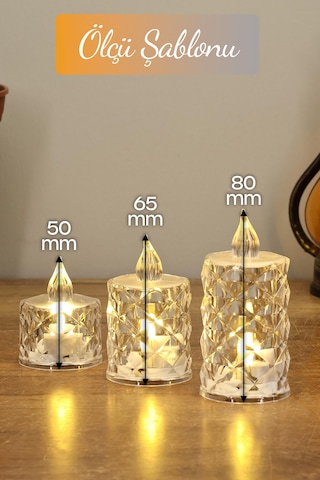 3lü Elmas Kristal Desenli Led Mum Seti Pilli Dumansız Alevli Ledli Dekoratif Yapay Mum Şeffaf