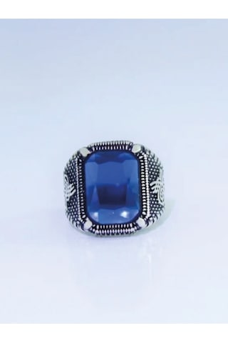 Gümüş Pençe Model Tuğra Desenli Kristal Kesim Safir Taşlı Erkek Yüzük