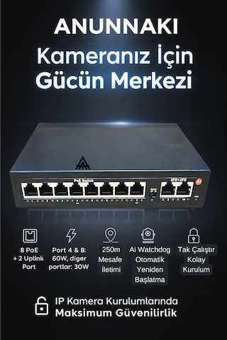 Anunnaki An1028mn 8 Port Poe Switch 120w 2 Uplink 250m Extend Ip Kamera Uyumlu Aı Watchdog