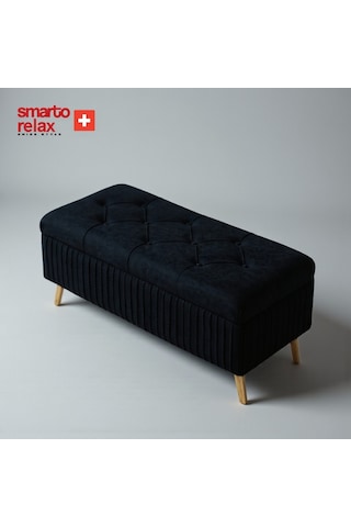 Smarto Relax Swiss Style Puf , Appenzell Kapitone Sandıklı Puf, Babyface Kaplama, 100x40x45 Cm, Ahşap Ayaklı ,sandıklı Dekoratif Puf Siyah