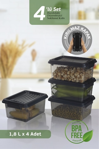 4'lü Set 1800 Ml Kilit Kapaklı Erzak Saklama Kabı Difriz Buzdolabı Düzenleyici Saklama Kutusu Siyah Siyah