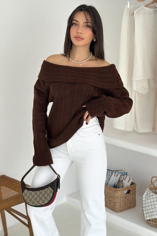 Noa & Noa Kadın Kırmızı Omuz Açık Triko Cesur & Feminen Kış Stili Kahverengi
