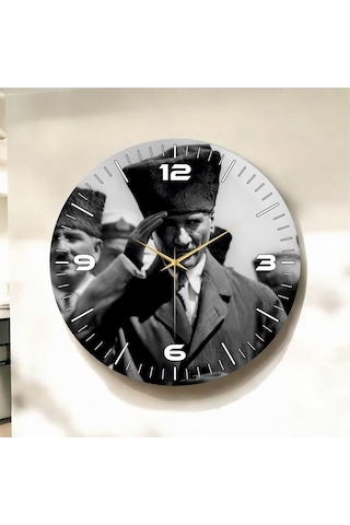 Mustafa Kemal Atatürk Siyah Beyaz Renkli Baskı Sayılı Hediyelik Ahşap Sessiz Duvar Saati 50cm ÇOk Renkli