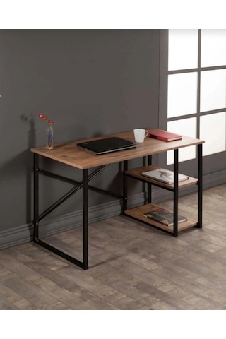 Çalışma Bilgisayar Masası Kitaplıklı Metal Raflı Ahşap
