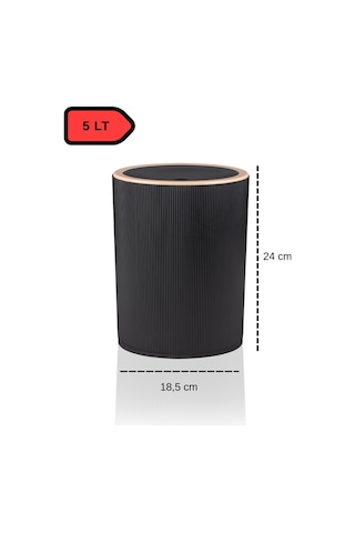 İndecor Houseware Liza Beyaz Çizgili Yuvarlak Banyo Çöp Kovası - Mutfak Çöp Kutusu - Ofis Çöp Kovası 5 Litre Siyah