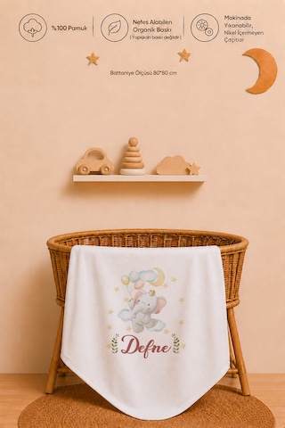 Yeni Doğan Bebek Hediyesi İsme Özel Kız Bebek Battaniyesi 80x80 Cm %100 Pamuk Ham Bez Kıyafet Kesesi 2043bk3x