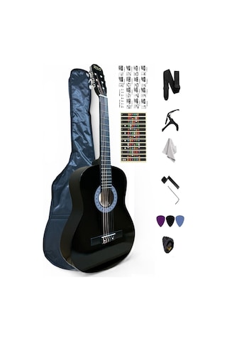 4/4 39 İnç Siyah Klasik Gitar Seti Sap Ayarlı Kılıf Askı Pena Kapo Sticker Çevirici