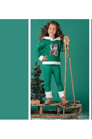 Unisex Çocuk Yılbaşı Christmas Noel Temalı Elf Model Kapüşonlu 3 İp Şardonlu 2 Parça Alt Üst Takım Yeşil