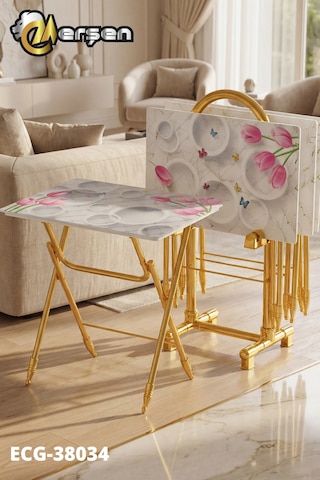 Eranş Serisi 4'lü Katlanır Cam Daire Ve Çiçek Desen Çanta Zigon Sehpa Gold Ayak Daire Ve Çiçek Desen Gold