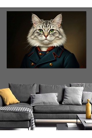 Askeri Üniformalı Aristokrat Kedi Portresi Dekoratif Kanvas - Mdf Ahşap Tablo