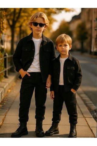 Erkek Çocuk Yumuşak Dokulu Kapitone Kumaş Tasarım Pantolonlu Takım-16356 Siyah