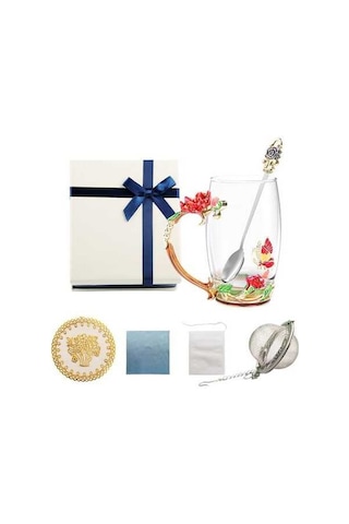 Novahub Aiseely Şık Çiçek Desenli Kırmızı Cam Çay Seti: Bardak, Kaşık, Hediye Kutusu Ve Çay Poşetleri Çok Renkli