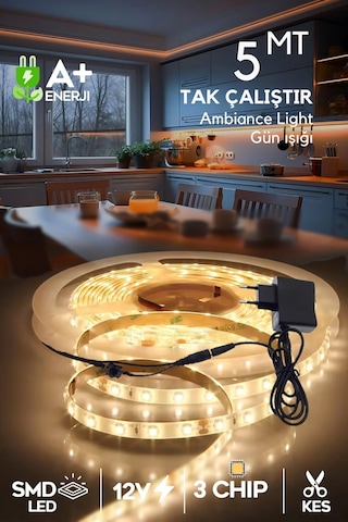 Şerit Led 5 Metre Gün Işığı 3 Çipli Pro Ambiyans Aydınlatma Mutfak Salon Yatak Odası Lambader