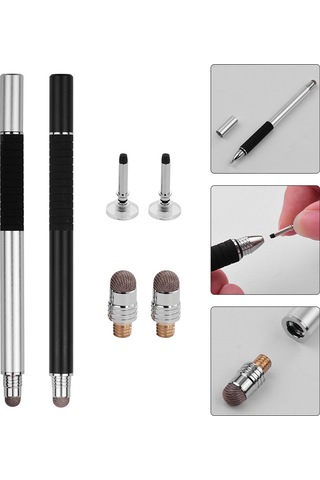 Skycity 2'li Metal Dijital Kalem Seti: Nano Lif + Disk Uçlu Dokunmatik Kalemler, 2 Adet Yerine Konulabilir Disk Ve Lif Uçu li Siyah/gümüş