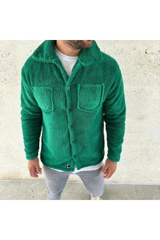 Erkek Pelüş Polar Hırka Gömlek Yakalı, İlik Düğmeli, Göğüs Cepli, Yumuşak Dokulu Kışlık Regular Fi Çimen Yeşili