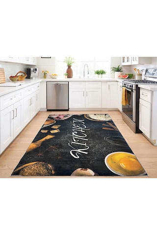 Mutfak Halısı Kitchen Yazılı Siyah Yumurta Desenli Dijital Baskılı Kaymaz Taban Yıkanabilir