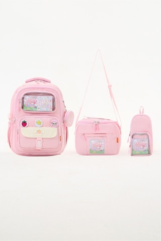 Kawaii 3'lü İlkokul Okul Çantası Seti Pembe Kız Çocuk Beslenme Çantalı Kalemlikli Pembe Gökkuşağı