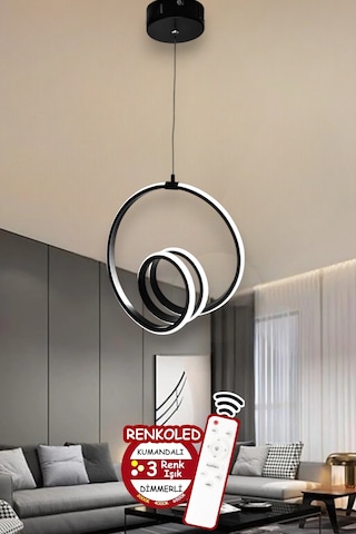 Kumandalı 3 Renk Işıklı Modern Sarkıt Led Avize Ledli Avize Antre Siyah