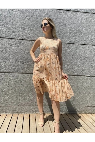 Meissa Fashion Bisiklet Yaka Elbise Çiçekli Askılı Yazlık