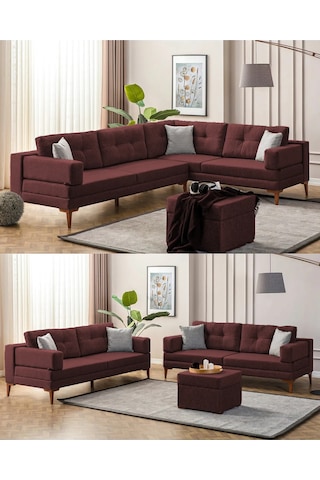 Zeri Yataklı Puzzle Modüler Köşe Koltuk Takımı & Puflu Köşe Takımı - Bordo-173 Bordo