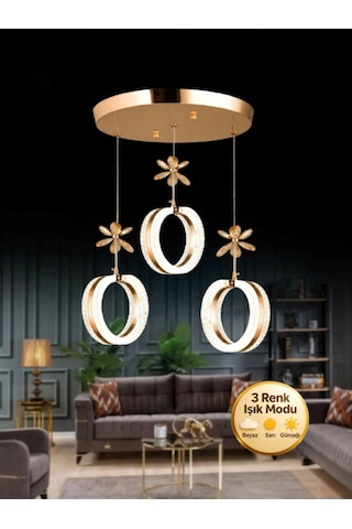 Aurea Model 3 Lü Kristal Taşlı Gold 3 Renk Modu Ledli Salon Mutfak Oturma Odası Sarkıt Led Avize Altın