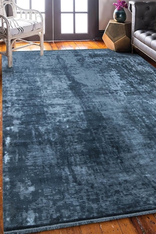 Mavi Rengi Vintage Bambu Altı Kaymaz Makine Dokuma Halı-16