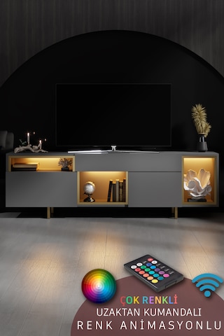 Norm Gold Demir Ayaklı Rgb Led Işık Sistemli Antrasit Tv Ünitesi Tv Sehpası Antrasit - Altın Norm Gold Demir Ayaklı Rgb Led Işık Sistemli Antrasit Tv Ünitesi Tv Sehpası Antrasit - Altın